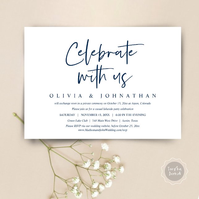 Bröllopsfirande, Fira med oss Inbjudningar (Celebrate With Us, Wedding Elopement Brunch, Lunch, Dinner Party Invitation Card, PDF, Black White)