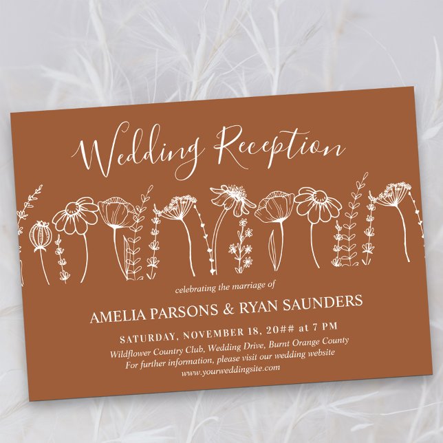 Bröllopsfirande med vilda blommor i bränt orange inbjudningar (Wedding Reception Invitation in Terracotta Burnt Orange, from my Wildflower Sketch collection)