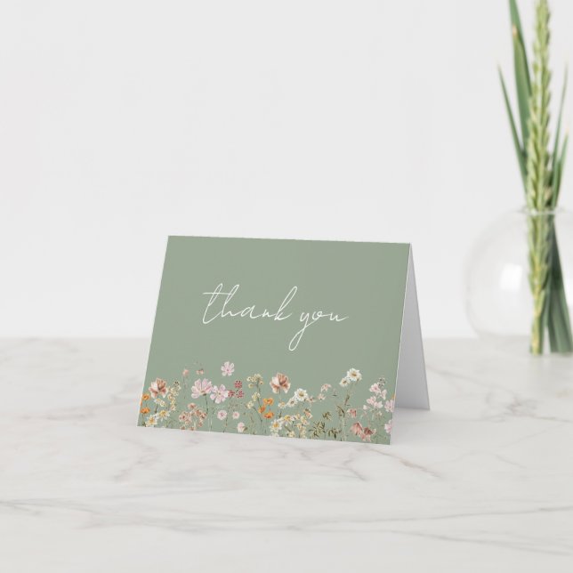 Bröllopsfirande Sälggrön äng Vildblomma Tack Kort (Framsida)