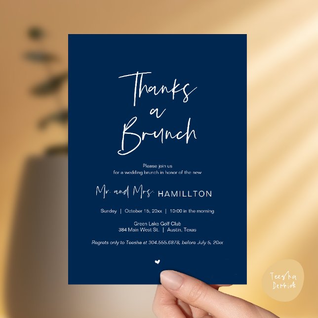 Bröllopsfirande, tack för en brunch inbjudningar (Thanks a Brunch, Post modern wedding celebration, wedding crew, Invitation card, Navy Blue)
