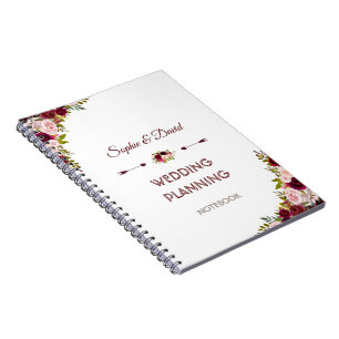 Bröllopsfixaren av Blommigten Rustic Burgundy Mars Anteckningsbok Med Spiral
