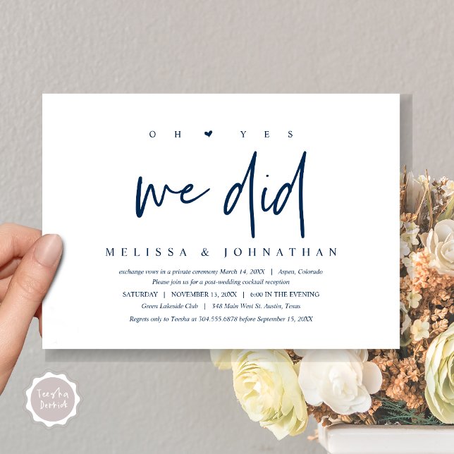 Bröllopsflykt, å ja vi gjorde det, Fest Inbjudningar (Oh yes we did, Modern Wedding Elopement Dinner Party Invitation Card, PDF, Navy Blue)