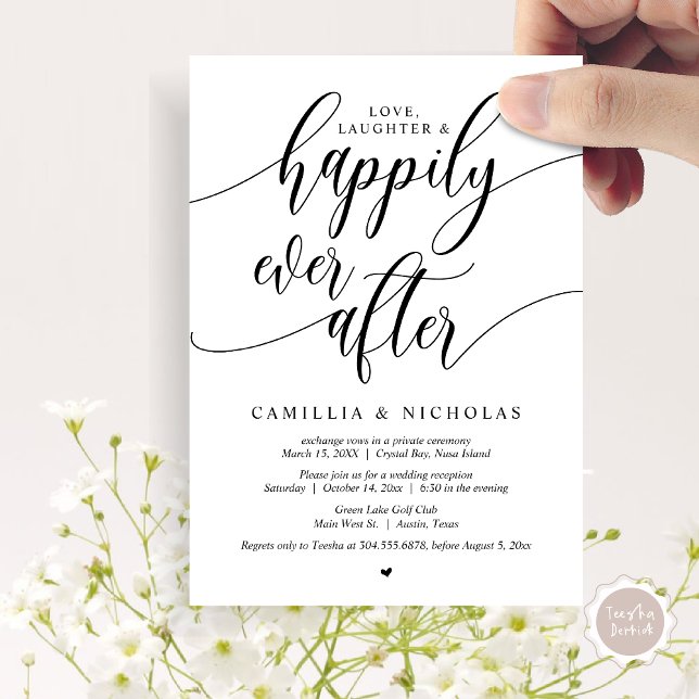 Bröllopsflykt, Lycklig För Evigt Fest Inbjudningar (Wedding Elopement, Happily Ever After Party Invitation Card, PDF, Black White)