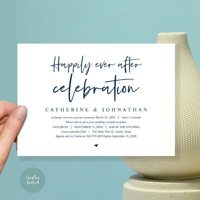 Bröllopsflykt, Lycklig För Evigt Firande Inbjudningar (Happily Ever After Celebration Dinner or Lunch or brunch Invitation Card, PDF, in Navy Blue)