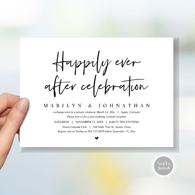 Bröllopsflykt, Lycklig För Evigt Firande Inbjudningar (Wedding Elopement, Happily Ever after Celebration Invitation Card, Printed, File, in Black and white)