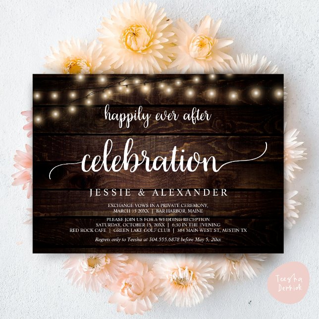 Bröllopsflykt, Lyckliga För Evigt Firande Inbjudningar (Wedding Elopement, Happily Ever After Celebration Invitation Card, PDF, String Lights, Dark Wood)