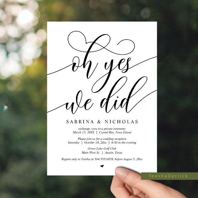 Bröllopsflyktfest, Åh Ja, Vi Gjorde Inbjudan (Oh Yes, We Did, Wedding Elopement Party, Dinner and Dancing Invitation Card, in Modern Calligraphy.)