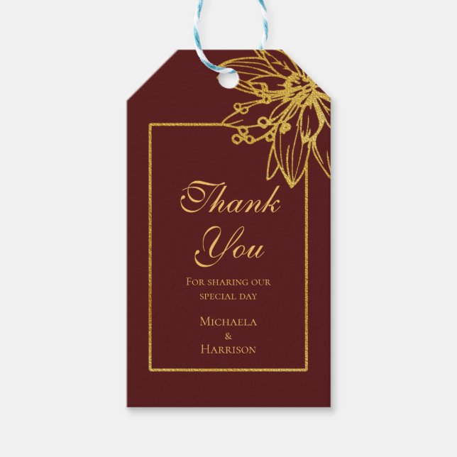 Bröllopsförmån för Burgundy och Guld Blommigt Presentetikett (Framsidan)