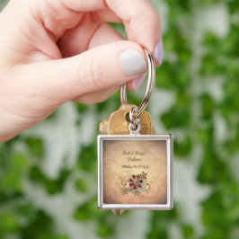 Bröllopsförmån för Keychain med Blommigten Namn & Fyrkantig Silverfärgad Nyckelring