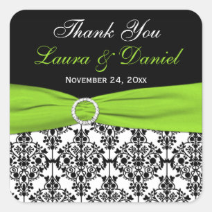 Bröllopsförmån för Lime, White och Black Damask Fyrkantigt Klistermärke
