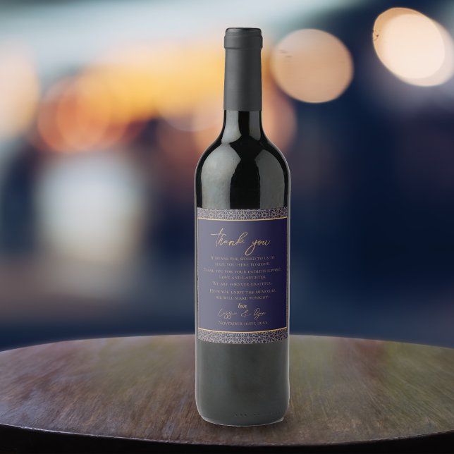 Bröllopsförmån för marint Guld-Tack Vinflaska Etikett (Navy Gold Thank You Intricate Design Wedding Favor Wine Label)