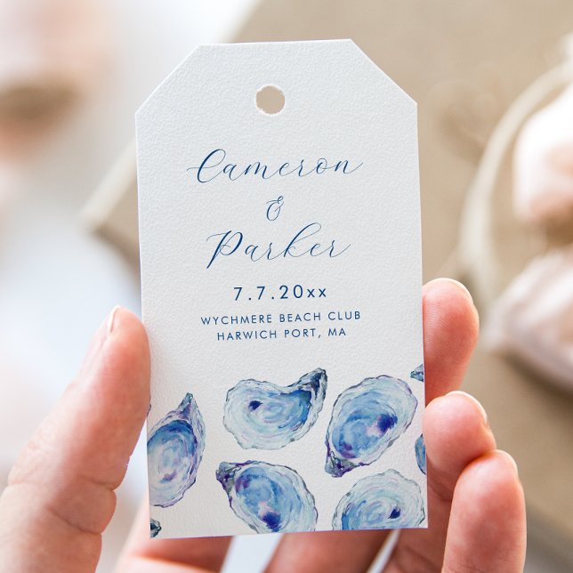 Bröllopsförmån för osterblå vattenfärg presentetikett (Watercolor oyster shell Wedding Gift Tags Welcome Favor Tags in elegant blue from Concertina Press)