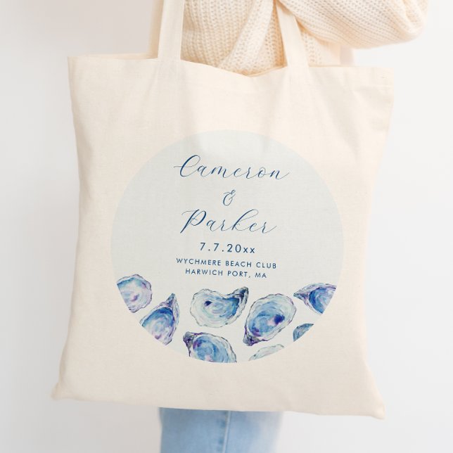 Bröllopsförmån för osterblå vattenfärg tygkasse (Oyster Wedding Tote bag for an elegant blue watercolor wedding favor or coastal wedding welcome bag )