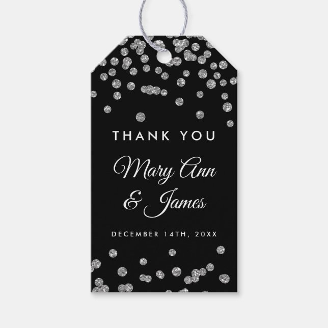 Bröllopsförmån Märkre Silver Glitter Konfetti Blac Presentetikett (Framsidan)