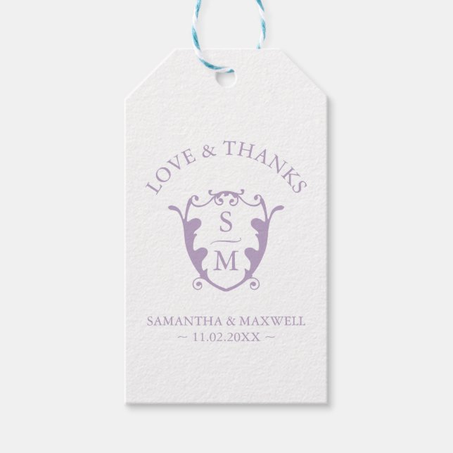 Bröllopsförmånliga Märkre Lilac Monogram Vapensköl Presentetikett (Framsidan)