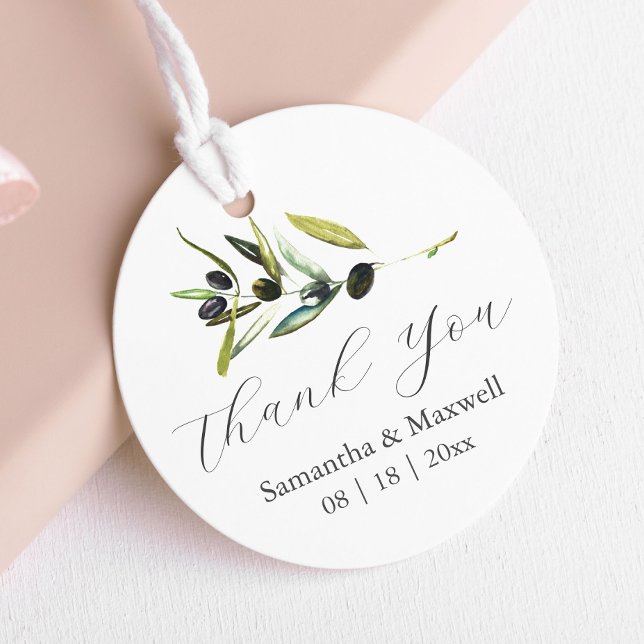 Bröllopsförmånliga Märkre Vattenfärgen Olive Gren Gåvor Etiketter (Wedding favor tags Italian watercolor olive branch art by Victoria Grigaliunas Do Tell A Belle Zazzl)