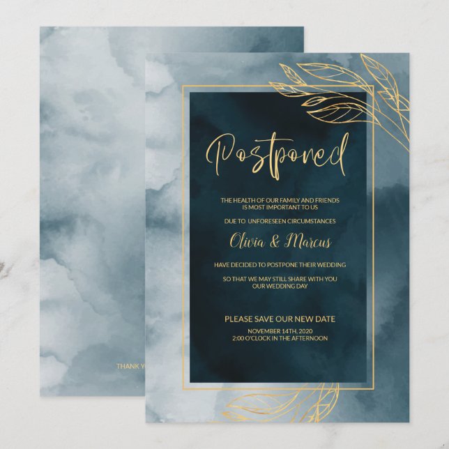 Bröllopsförsenad Navy och Guld Akvarell Inbjudningar (Fram/baksida)