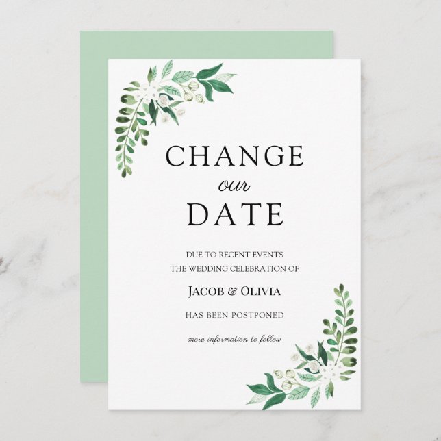 Bröllopsförseningsmeddelande med grönska inbjudningar (Fram/baksida)