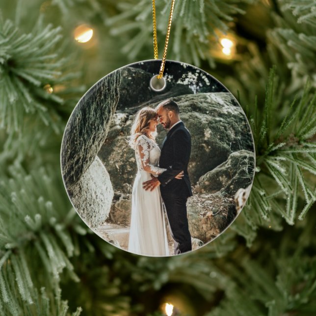 Bröllopsfoto 1:a julen som man och hustru julgransprydnad keramik (Träd)
