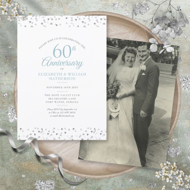 Bröllopsfoto 60-årsjubileum Hjärtan Konfetti Inbjudningar (Wedding Photo 60th Anniversary Hearts Confetti Invitation)