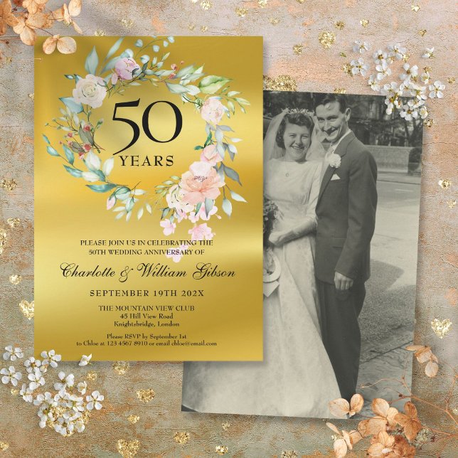 Bröllopsfoto Blommig guldfolie 50-årsjubileum Inbjudningar (Wedding Photo Floral Gold Foil 50th Anniversary Invitation)