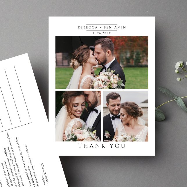 Bröllopsfoto Collage Minimalistisk Tack Vykort (Wedding Photo Collage Thank You Postcard)