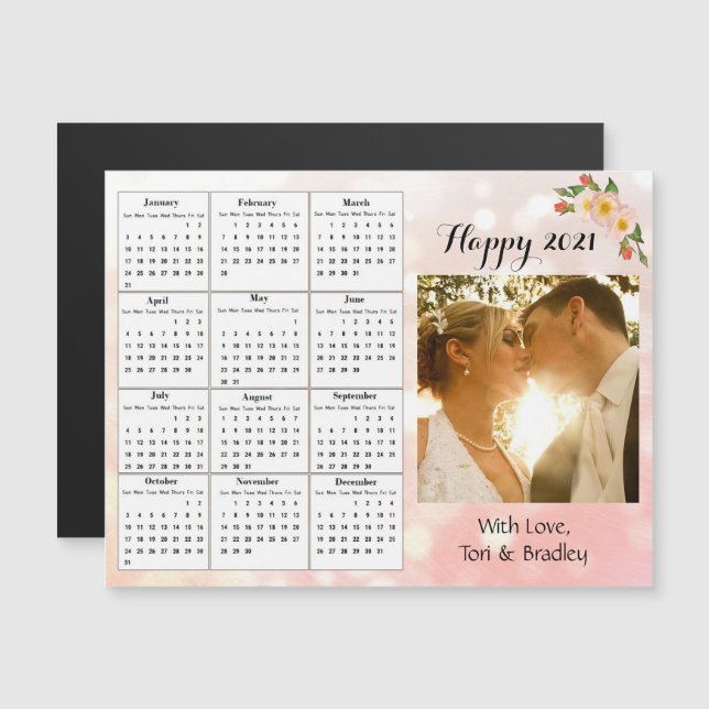 Bröllopsfoto Coral Blomma Mini 2021 Kalender Magnetisk Inbjudningskort (Fram/baksida)