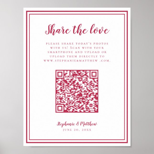Bröllopsfoto Dela Kärleken QR Skanna Kod Magenta Poster (Framsidan)