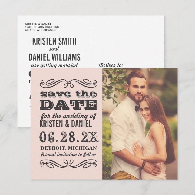 Bröllopsfoto i rosa - Spara datum Meddelande Vykort (Fram/baksida)