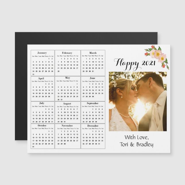 Bröllopsfoto Korallblomma Mini 2021 Kalender Magnetisk Inbjudningskort (Fram/baksida)