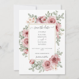 Bröllopsfoto med blomstätet dammrosa guld spara datumet