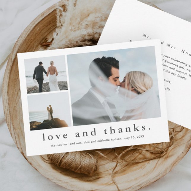 Bröllopsfoto med kärlek och tack kort (Simple black and white love and thanks 3 photo collage wedding thank you card.)