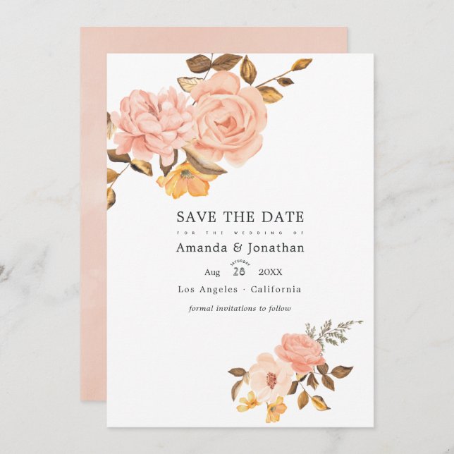 Bröllopsfoto med rosablommor och guld spara datumet (Fram/baksida)