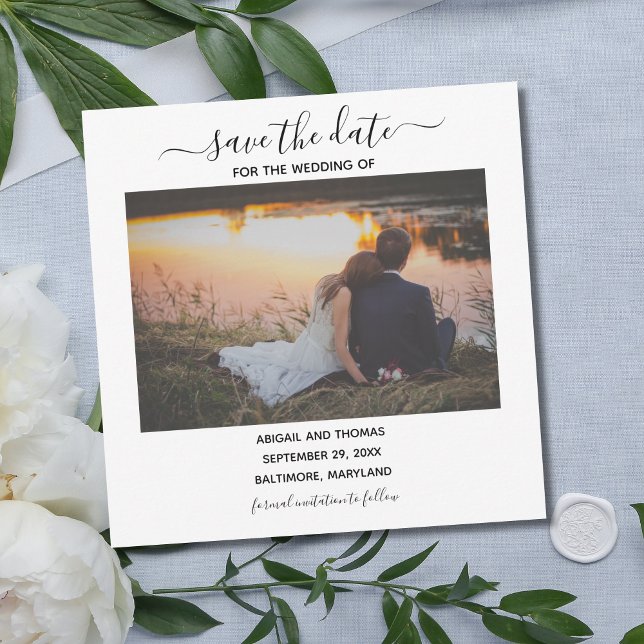 Bröllopsfoto Modern kalligrafi Spara datumet (Photo Wedding Save the Date. Elegant Script Calligraphy Font. )