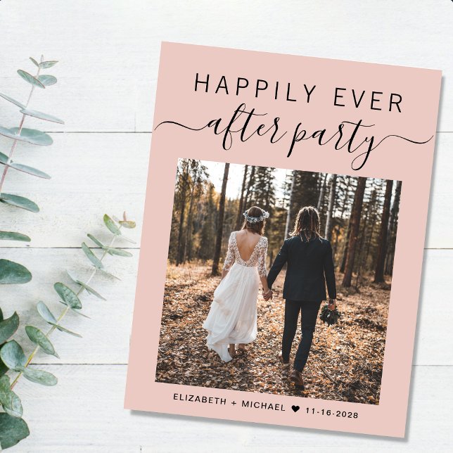 Bröllopsfoto QR-kod Lyckliga stunder efter kalaset Meddelande Vykort (An chic Happily Ever After Party postcard invitation for your wedding celebration)
