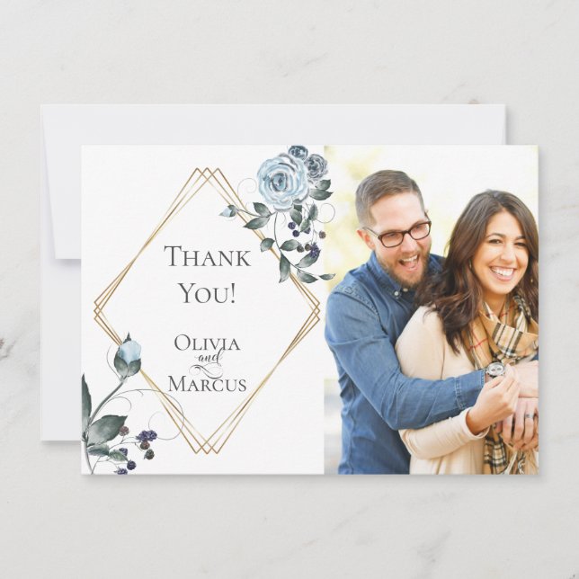 Bröllopsfoto Tack  |  Dammtigt blå blommig Kort (Framsida)