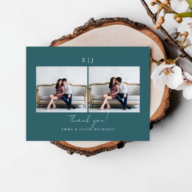 Bröllopsfoto Tack Monogram Teal Vykort (Skapare uppladdad)