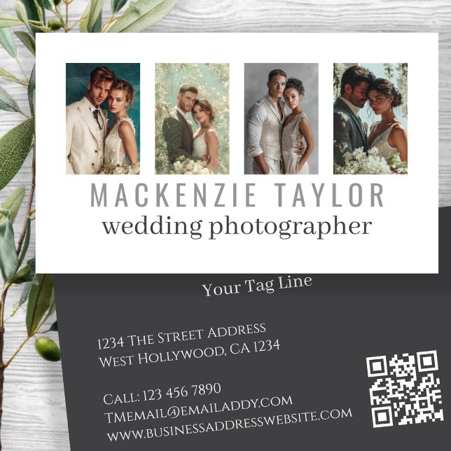 Bröllopsfotograf 4 Foto Personlig QR-kod Visitkort (Wedding Photographer 4 Photo Personalized QR Code Business Cards by Ricaso. Change text & photos)