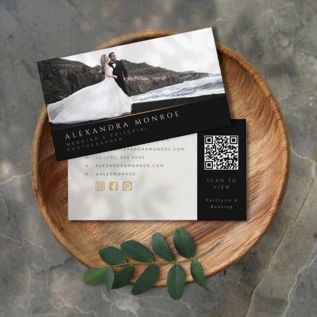 Bröllopsfotograf Svart & Guld QR-kod Visitkort (Skapare uppladdad)