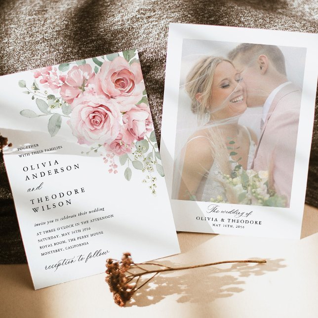 Bröllopsfotografi med rosor i roséton inbjudningar (Blush Rose Floral Photo Wedding Invitation, Watercolor Blush Pink Rose Invite with Photo Back)