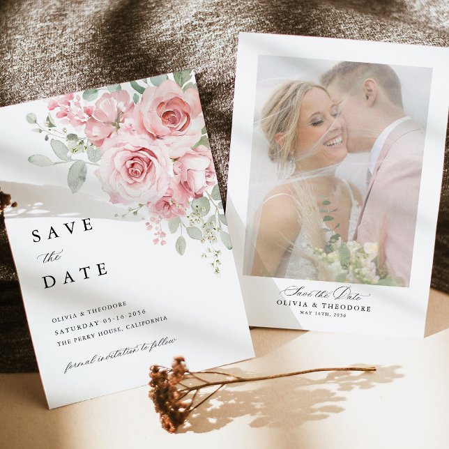 Bröllopsfotografi med rosor i roséton spara datumet (Blush Rose Floral Photo Save the Date Card, Watercolor Rose Wedding Announcement with Photo Back)