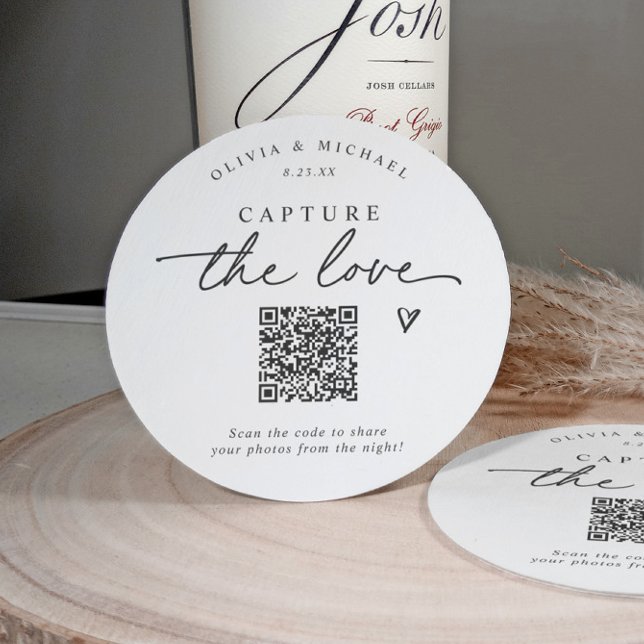 Bröllopsfotos Delning QR-kod Handstil Underlägg Papper Rund (Personalized QR code coaster for wedding guests to upload photos to your gallery.)