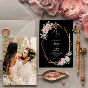 Bröllopsfotot Blush Floral Svart Enkelt Vi Gör Inbjudningar