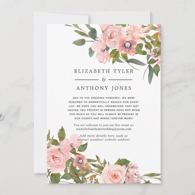 Bröllopsgäst med roséguld och blushfärgade blommor meddelande (Framsida)