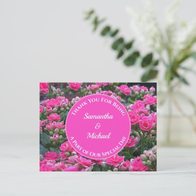 Bröllopsgäst Tack Rosa Blommor Tacksamhet Vykort (Stående Fram)