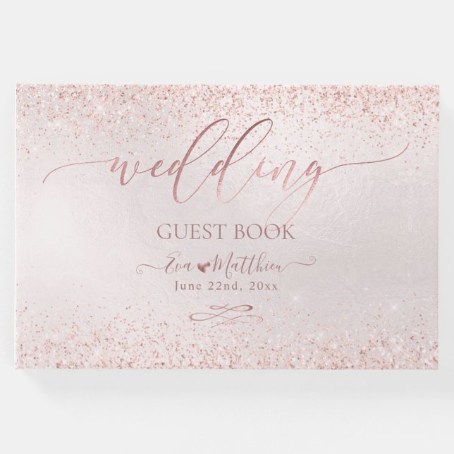 Bröllopsgästbok i falskt rosa guld glitter gästböcker (Framsida)