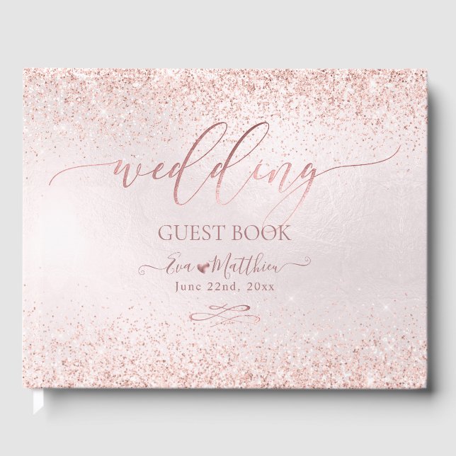 Bröllopsgästbok i falskt rosa guld glitter gästböcker (Framsida)