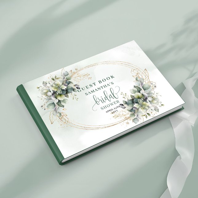 Bröllopsgästbok med vattenfärg och grönska i guld gästböcker (Greenery Gold Watercolor Bridal Shower Guest Book)