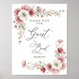 Bröllopsgästbokssköld med rosa vilda blommor poster