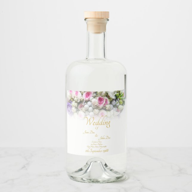 Bröllopsgåva - Brud med färgrik bröllopsbukett Spritflaskor Etikett (Framsida)